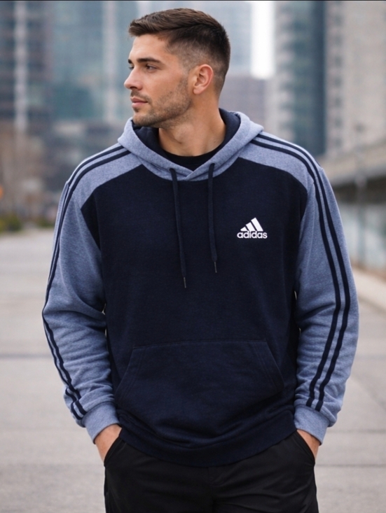 adidas Other - Adidas Hoodie Mens L Blue Black 3 Stripe Pullover Sweatshirt NWT Logo